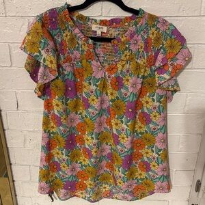 Umgee Pink Multi Floral Smocked Neck Short Sleeve Top
